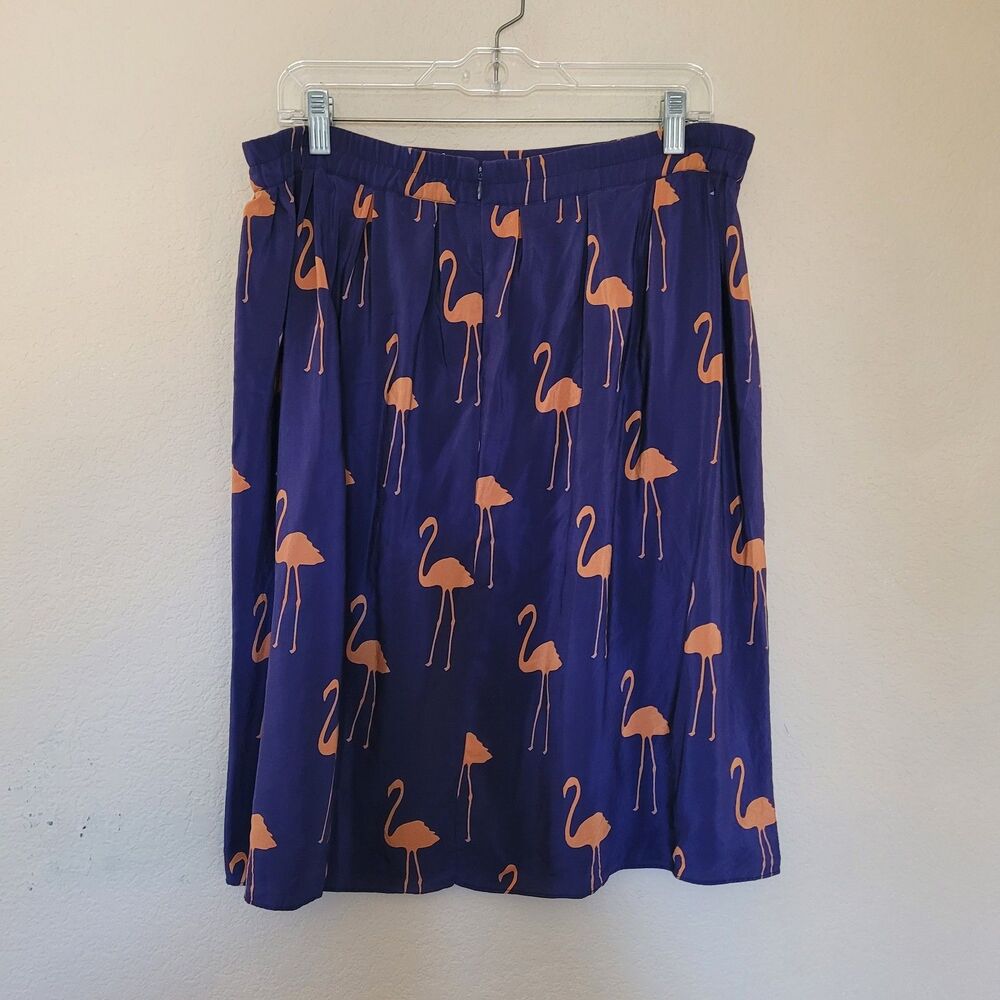 Charlotte by Charlotte Taylor 100% Silk Navy Blue Pleated Skirt Sz 6 Flamingos